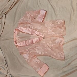 Traditions bed jacket- sheer floral  base with satin collar and cuff.
